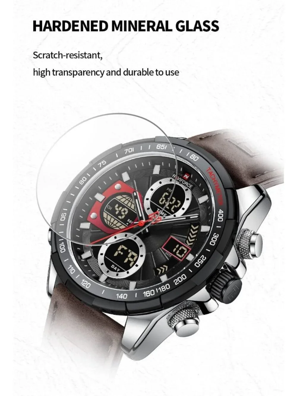 Men's Silver Black Military Digital Analog Quartz Waterproof Leather Wrist Watch